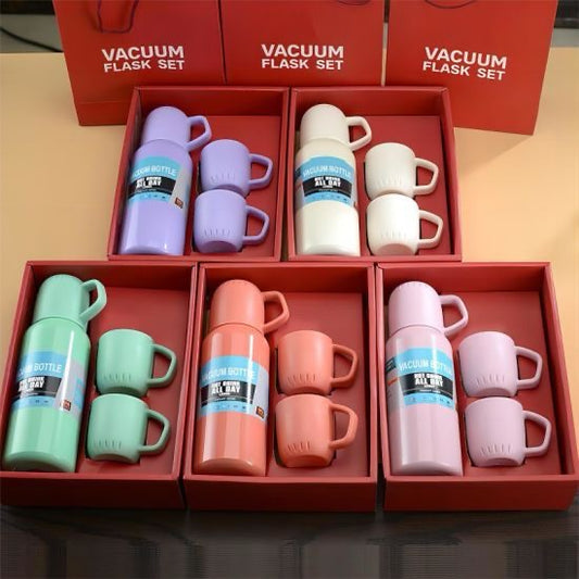 New Shape Vacuum Flask Set with 3 Mugs – Elegant & Gift-Ready