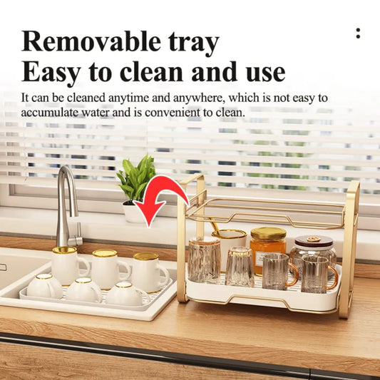 2-Tier Cups & Mugs Drying Rack with Drain Tray – Space-Saving Kitchen Organizer