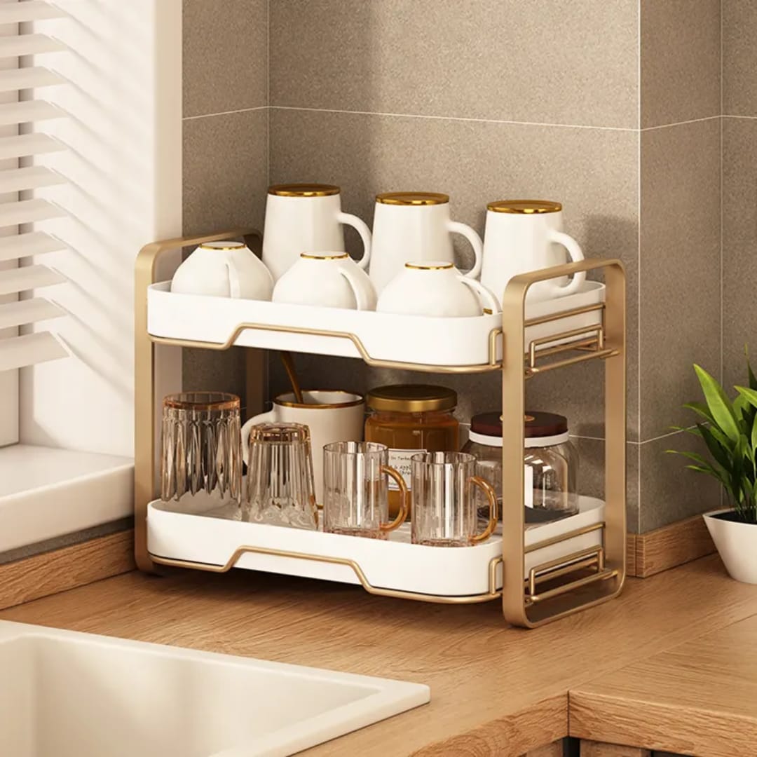 2-Tier Cups & Mugs Drying Rack with Drain Tray – Space-Saving Kitchen Organizer